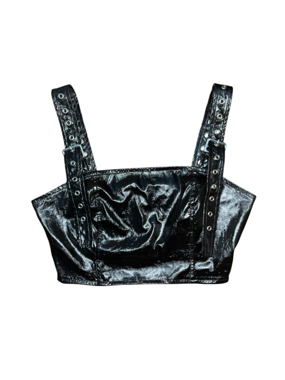 Black Patent Faux Leather Buckle Strap Crop Top